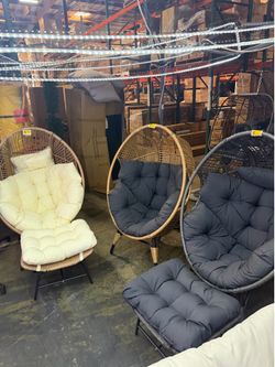 New Papasan Lounge Chair 450 Ibs Capacity Indoor Outdoor Wicker Birdcage Egg Chair Set w/ Ottoman Footrest