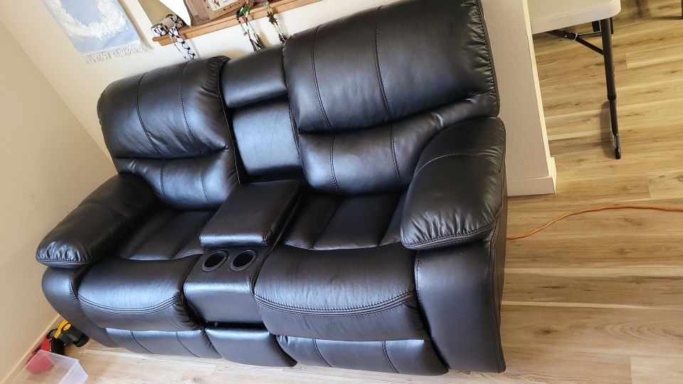 Power Leather Couch Recliner With Two Night/Book Lights Armrest Storage And Slide Drawer Like New