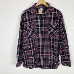 Dickies Men Size Large Gray Red & Black Plaid Button Front Flannel Shirt