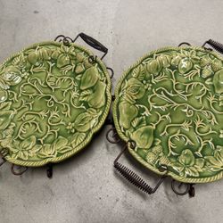 Set of 2 Green Embossed Ceramic Serving Trays with Metal Handles