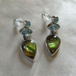 Unique Silver-Toned Dangle Earrings with Iridescent Green & Blue Stones
