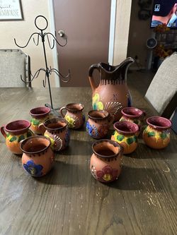 Authentic Mexican Clay Pitcher and Mug Set