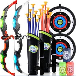 2 Set Bow and Arrow for Kids 8-12 - LED Light Up Kids Archery Set with 2 Bow 16 Suction Cup Arrows, 2 Target & 2 Quiver, Indoor & Outdoor Play Toys fo