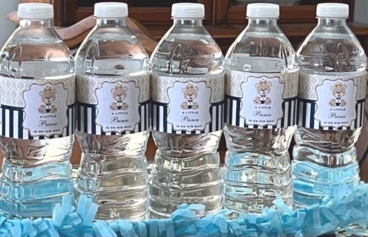 ROYAL BEAR PRINCE boy blue baby shower waterproof water bottle