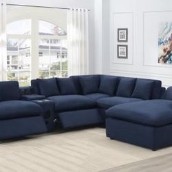 Midnight Blue 6 Piece Modular Sectional with Power Reclining Chaise and Hidden Control Panels with Built In USB Port 
