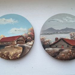 Vintage Hand-Painted Wood Sculpture Wall Art Set 4” Diameter By Artist Olivia Belanger