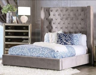 Brand New Grey Velvet Queen Bed Frame