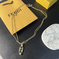 Fendi Double F Crystal Pendants With Double Necklace