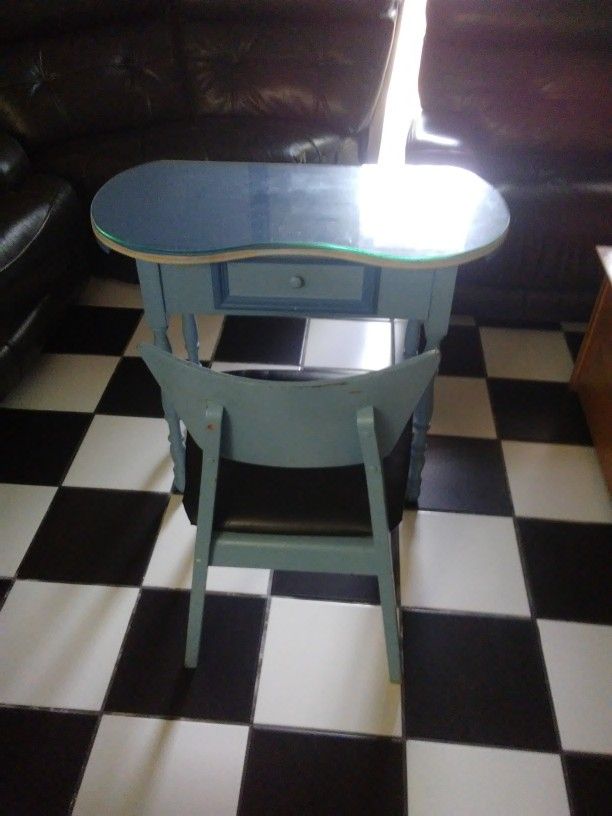 TEAL VANITY WOOD DESK WITH ONE DRAWER AND GLASS TOP