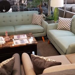 Brand New Green Fabric Midcentury Modern Sofa + Loveseat 2PCs Set