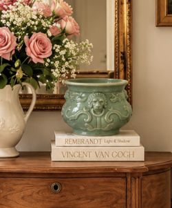 Vintage Celadon Green Ceramic Cachepot Planter Lion Scrolls Grandmillennial Jardiniere Retro