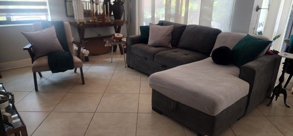 Convertible Sleeper Sectional with Storage & Chair.