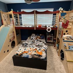 Kids Twin Bed And Custom Playset, Bridge, Climbing Wall, And Slide! 
