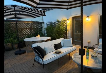 CB2 Welling Outdoor Sofa + Lounge Chair + 5 Bronte Pillows — Alexandria