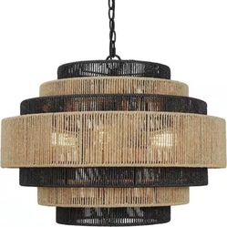 Open Box Prime Ray Luster Boho 24 in. 6-Light 7-Tier Hand Woven Rattan Pendant Chandelier Light with Large Shade and Black Finish