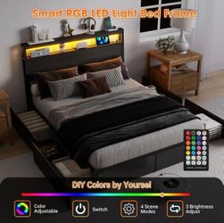 Twin Size Bed Frame with 4 Storage Bed, Wood Metal Platform Bed Frame with Headboard and Charging Station, RGB LED,  (Dark Grey,Twin)