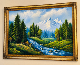 Large Framed Mountain Waterfall Landscape Art – 55" x 44" – Gold Frame