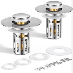 🍀 2 Pcs All Metal Bathroom Sink Stopper Fit 99% - 3 in 1 Universal Pop Up Stopper with Removable Stainless Steel Filter Basket Hair Catcher - f
