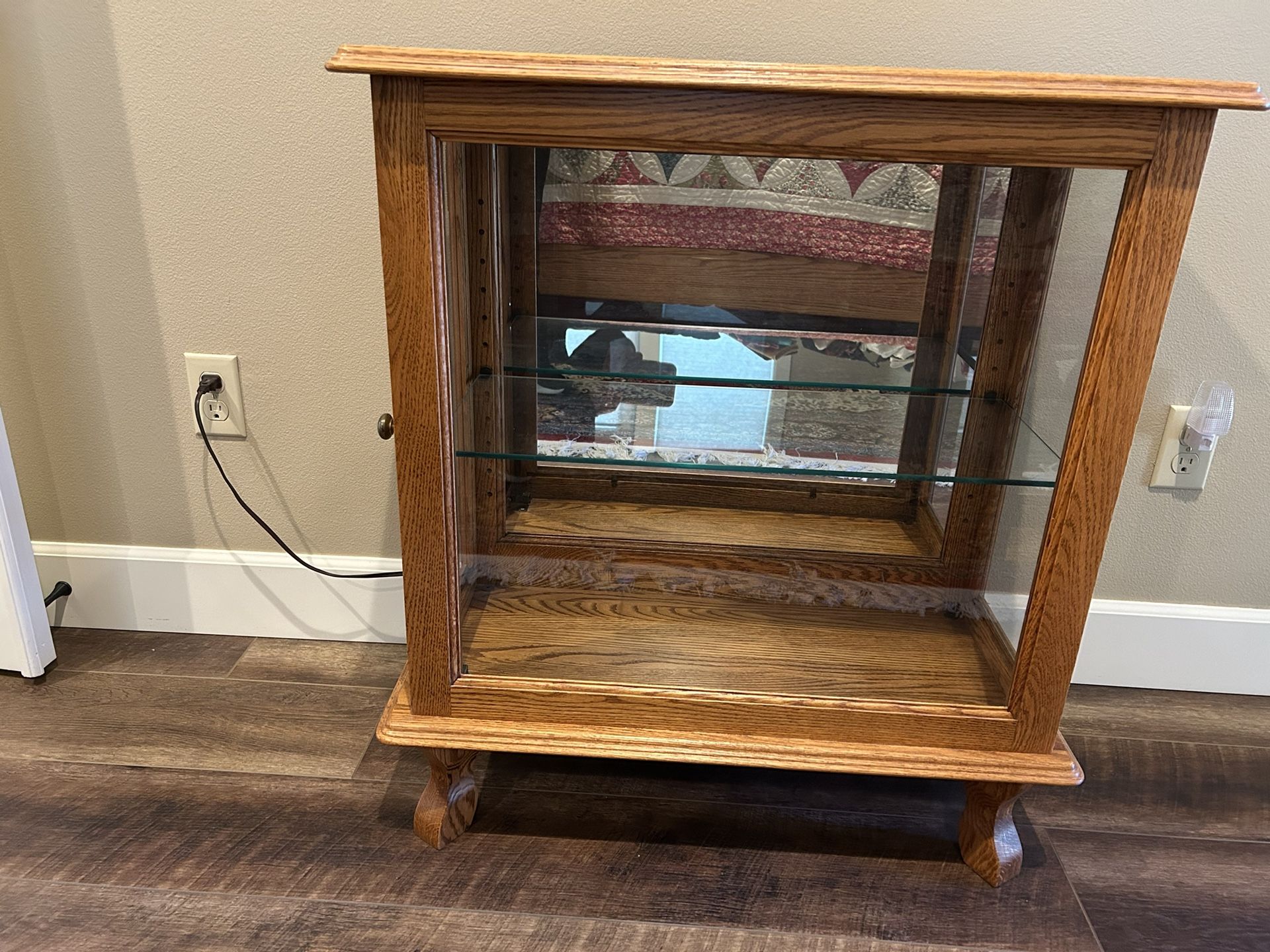Solid hardwood, mirrored back, lighted, glass shelf, handcrafted in USA by P.S. Curios cabinet
