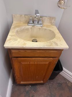 Small Oak Bathroom Vanity with Cultured Marble Top and Chrome Faucet, Used