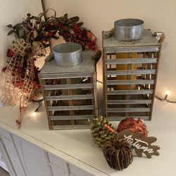 Lantern Lanterns Square Metal & Wood Hanging Candle Lanterns Indoor/Outdoor (Set of 2)
