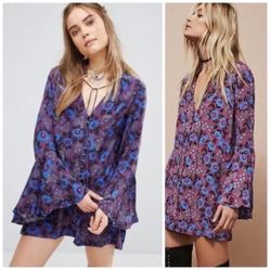 FREE PEOPLE Wine Purple Blue Boho Floral Mystery Bell Sleeve Tunic Blouse