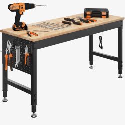 CAMMOO 60" Adjustable Heavy Duty Workbench, 2000 LBS Load Capacity Rubber Wood Work Table with Pegboard, Power Outlets, Work Bench for Garage, Worksho