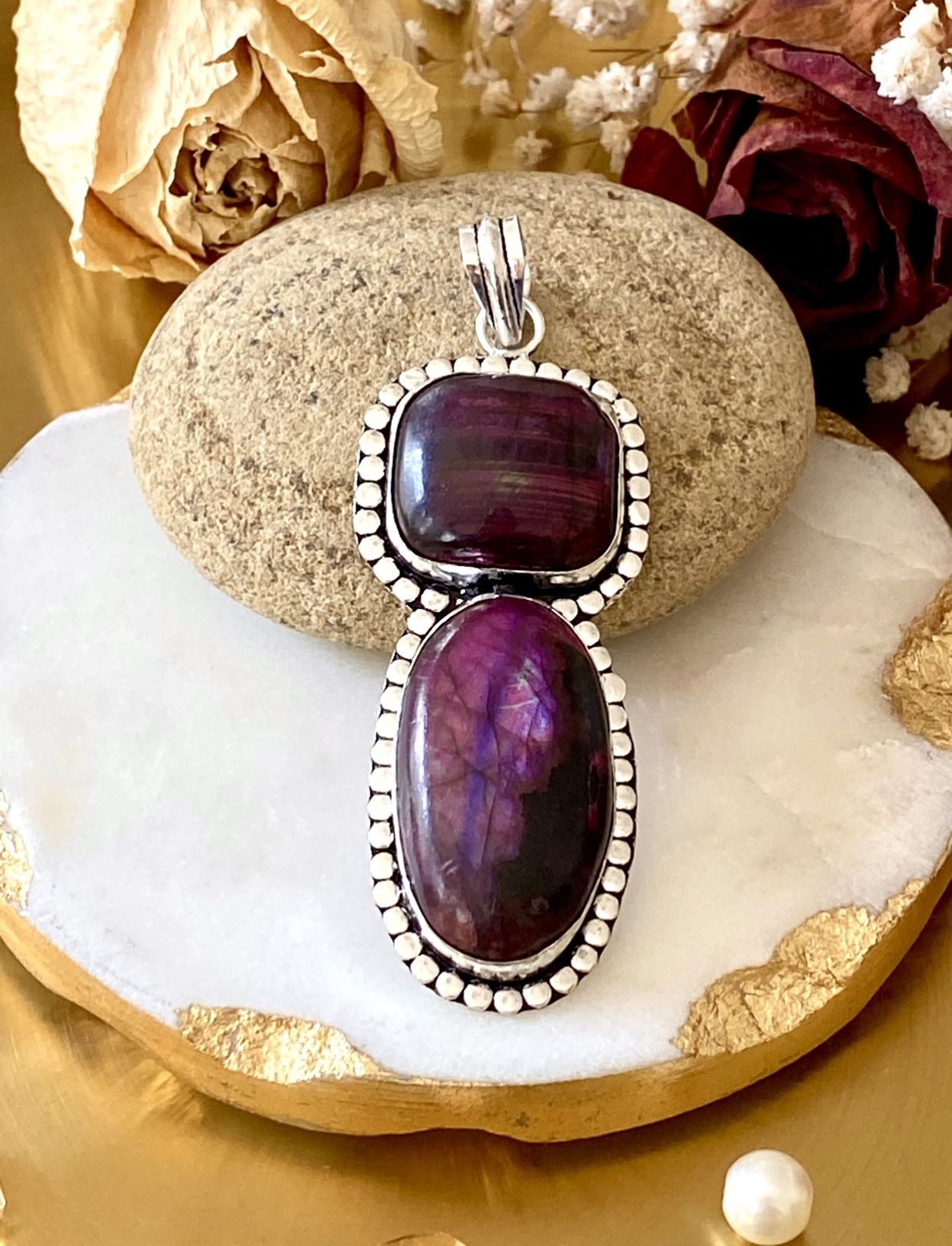 Purple Labradorite 925 Sterling Silver Overlay Handcrafted Pendant+Chain