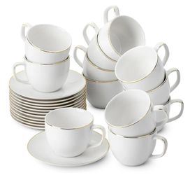 BTaT Gold Rim Porcelain Tea Cup & Saucer Set Service for 12 - Open Box Never Used