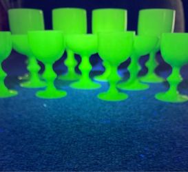 Green Milk Glass Set- Uranium Glassware- UV Fluorescent- Neon Green Glow