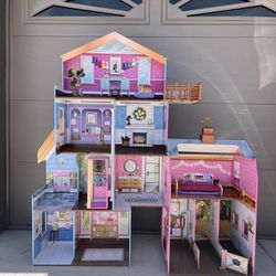 Doll House With Accessories And Horses Barn