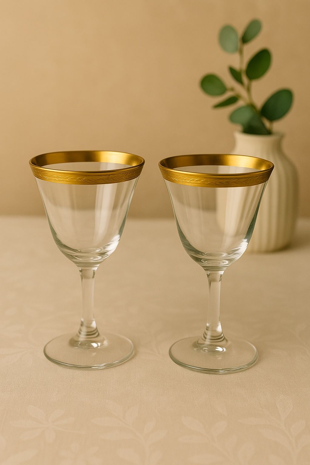 Tiffin Franciscan 1960s Laurel Set Of 2 Gold Encrusted Rim Wine Glasses 3.5x6.5”