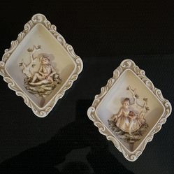 Vintage Lefton China KW117 Hand Painted Wall Plaques Set of 2 Three Dimensional