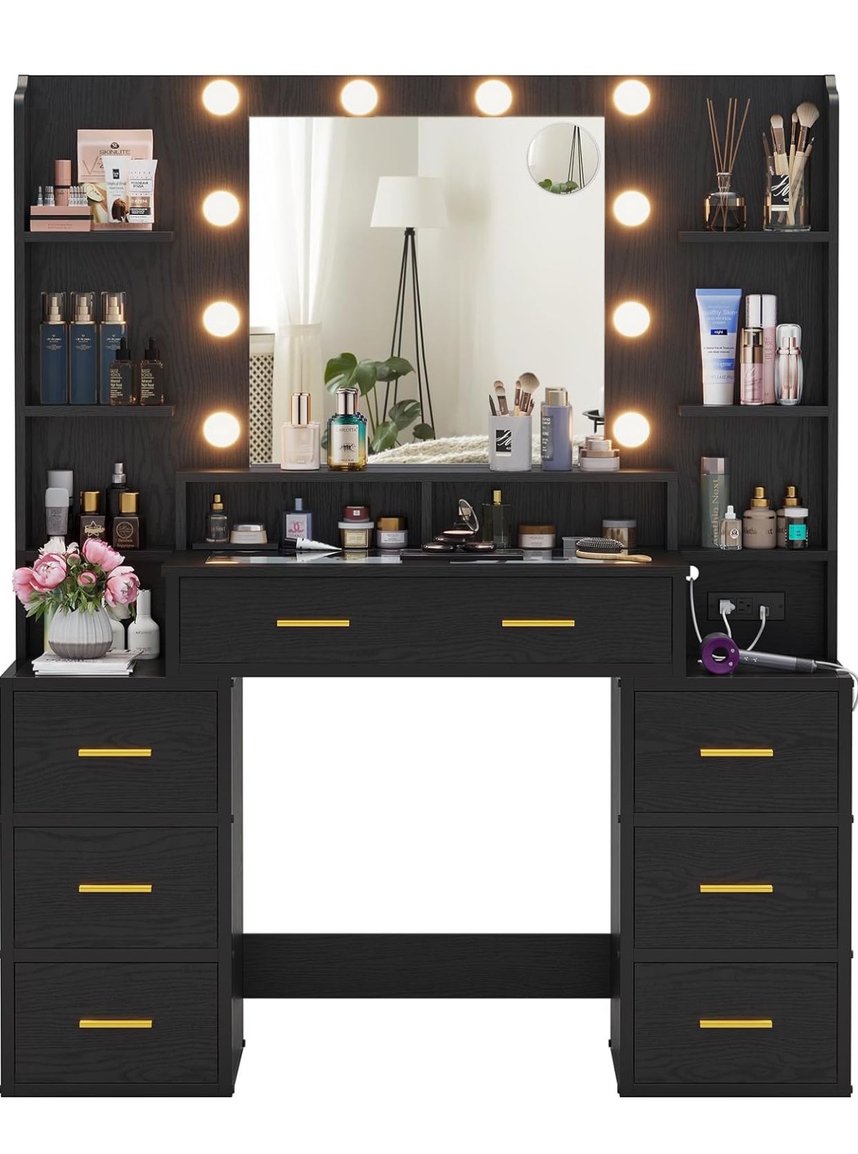 Vanity Desk with Lights, Mirror, Charging Station - Black Wood