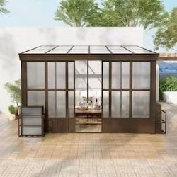 💞 10 ft. x 12 ft. Lean-to Sunroom Wall Mounted Solarium with Sloping Polycarbonate Roof and 2 Lockable Sliding Door$1,450