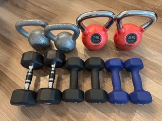 X2 CAP 25lb Kettlebell, X2 20lb Kettlebell, X2 15lb Dumbbells, X2 12lb Dumbbells, X2 10lb Dumbbells
