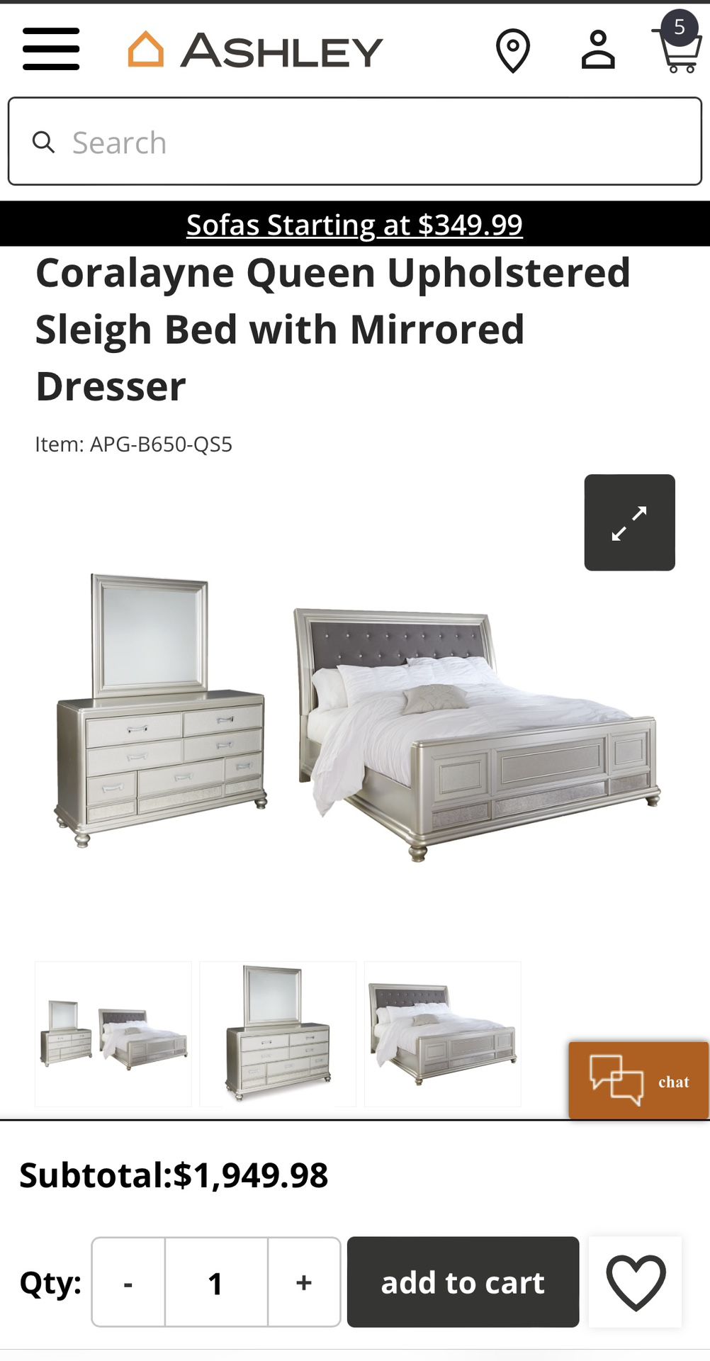 Ashley’s Furniture Bedroom Set (Coralayne Queen Upholstered Sleigh Bed with Mirrored Dresser)