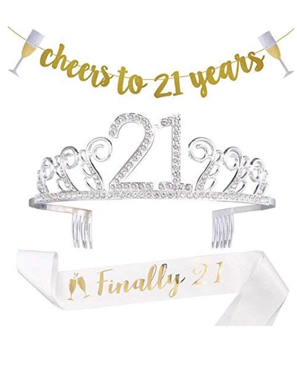 21st Birthday Decorations Party Supplies - 21st Birthday Gifts for her,21 Birthday sash | Banner | Crown | Cake Topper. (21)