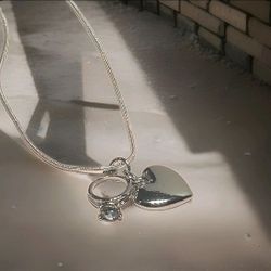 Silver Ring & Smooth Heart Charm Layering Necklace - Adjustable Slide Chain