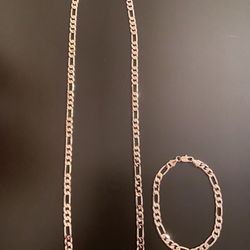 Gold Chain Figaro Necklace 24in 6mm And Matching Figaro Bracelet 8in 6mm Set 