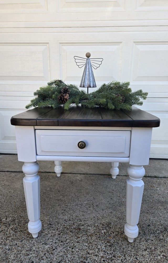 Broyhill End Table Refinished Wood Top + White Base Drawer (single)