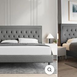 Queen size Upholstered Bed Frame with Adjustable Headboard, Wood Slat Support