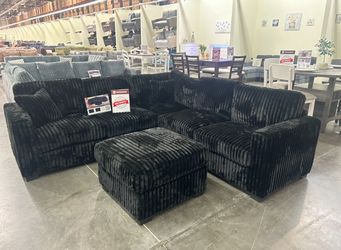 Black Corduroy Sectional Sofa with Ottoman
