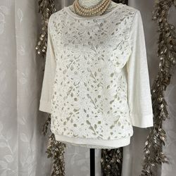 Loft Women’s Medium Ivory Lace Crochet Front 3/4 Sleeve Pullover Top Boho Casual