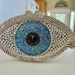 Luxury High Quality Fully Covered With Gold, Silver and Blue & Black Crystal/ Rhinestones Evil Eye Clutch.  New With Tags 