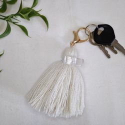 White Tassel keychain. Tassel Crystal button charm. Tassel Bag accessory. Zipper pull charm