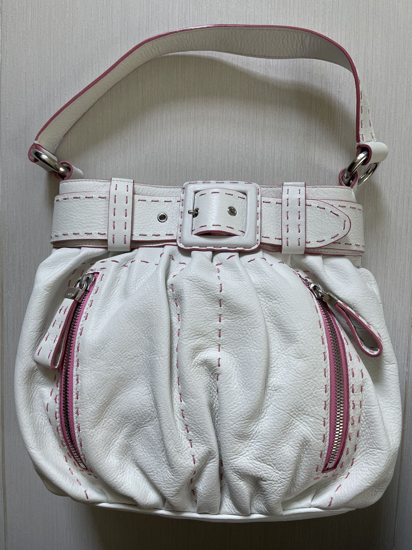 MOSCHINO White Leather Pink Stitching Trim Purse Handbag