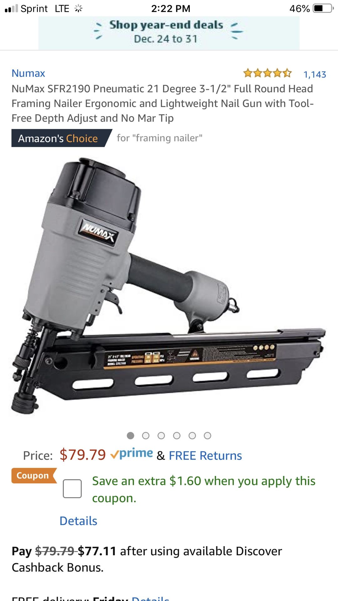 NuMax SFR2190 Pneumatic 21 Degree 3-1/2" Framing Nailer