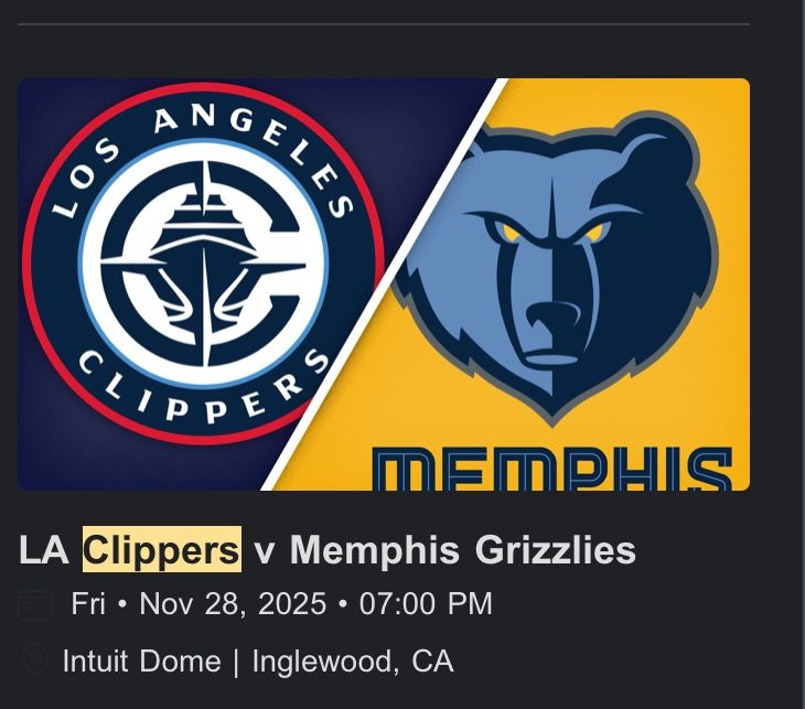 2 Clippers Tickets For The LA Clippers Vs Memphis Grizzlies Game