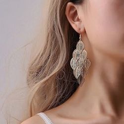 coadipress Bohemian Layered Filigree Leaf Earrings for Women Handmade Silver Gold Plated Big Boho Lightweight Chandelier Hollowed Out Leaves Dangle 